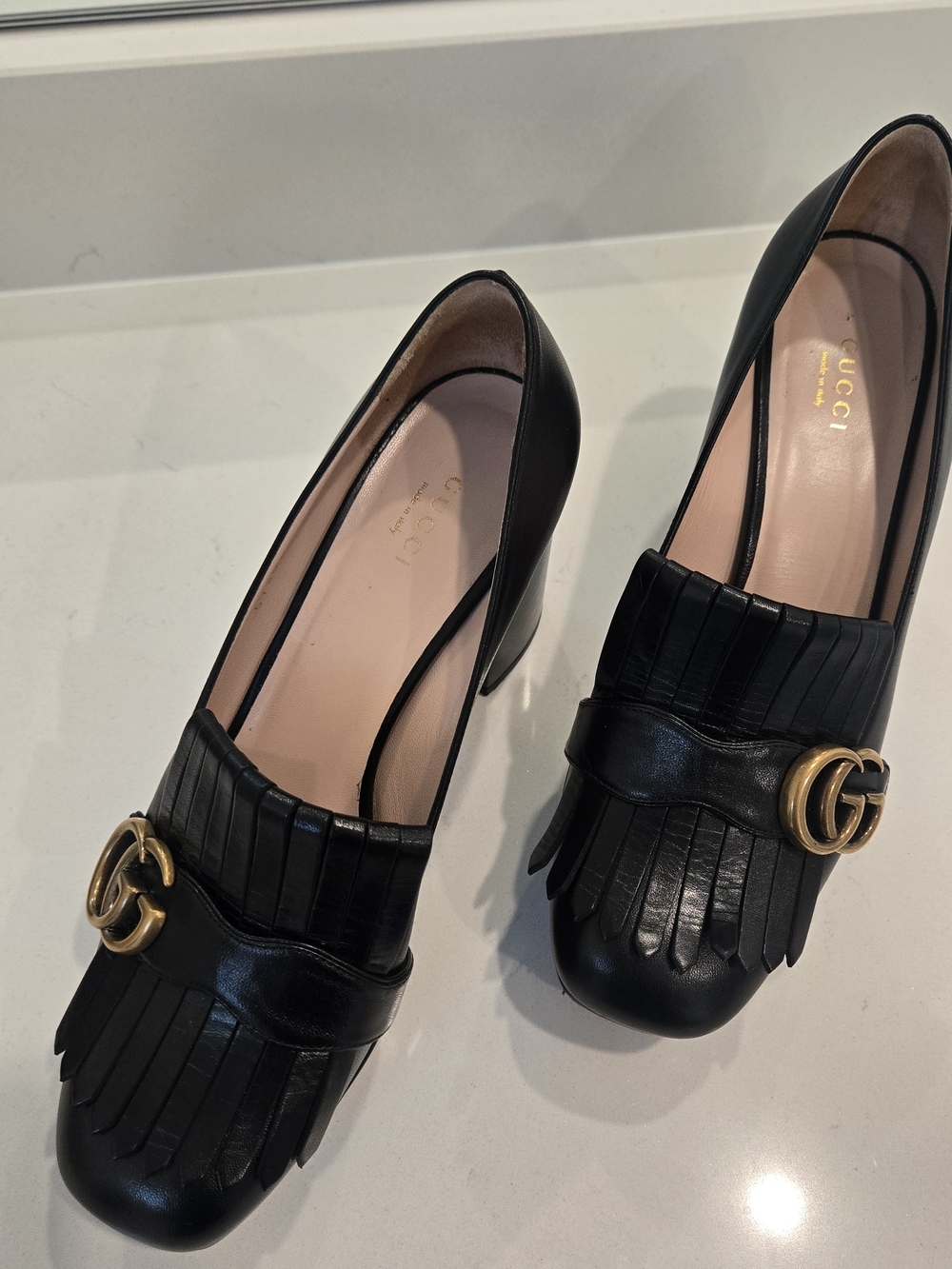 Gucci Marmont GG Black Leather Fringe Kiltie Platform Loafer Pumps 39.5